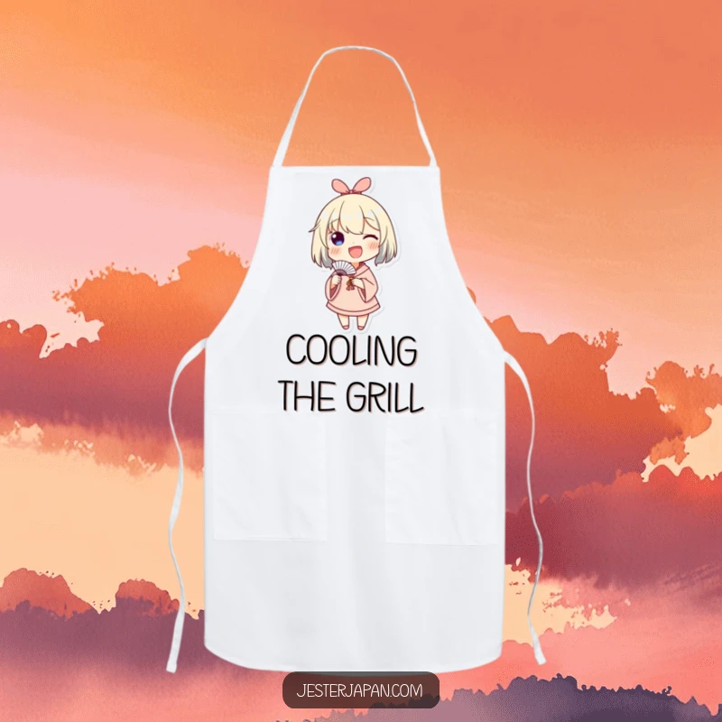 Funny apron design showing a character enthusiastically waving a small paper fan, perfect for a kitchen full of breezy humor.