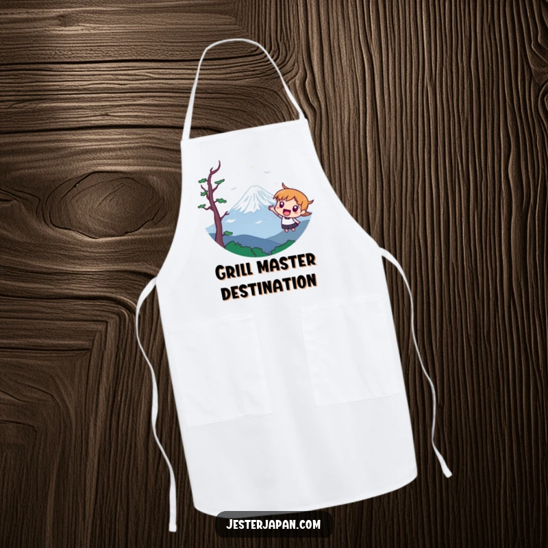 Funny apron with a character pointing excitedly towards a stylized Mount Fuji, perfect for cooking adventures.