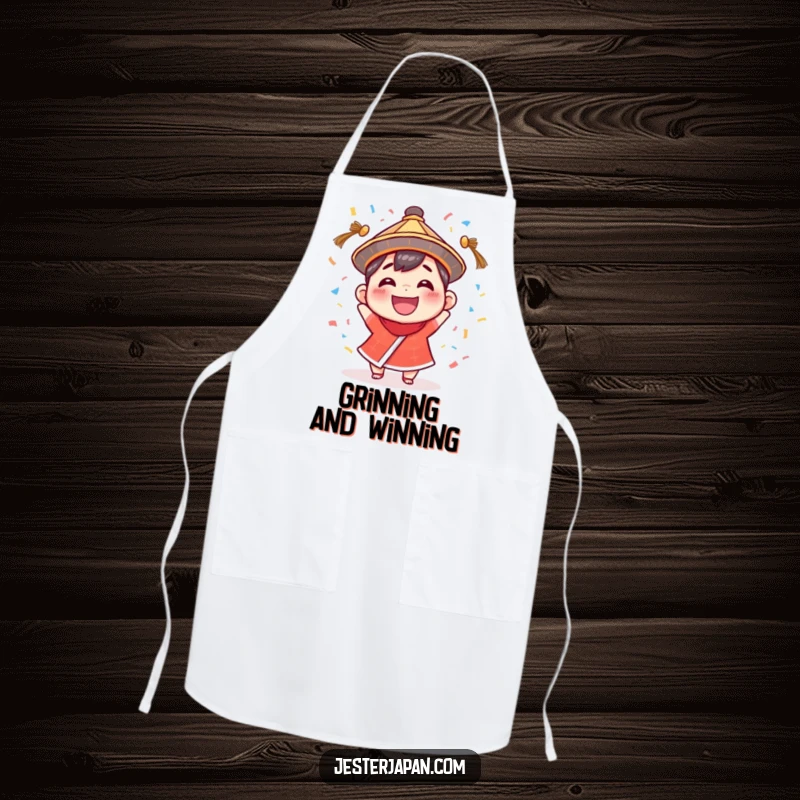 Funny Apron: Small character in a festive hat, beaming while energetically throwing confetti, ready to cook.