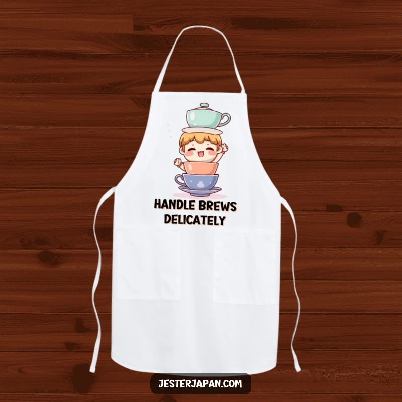 Funny apron showing a character comically balancing a large stack of teacups, ideal for cooks who enjoy humor in the kitchen.