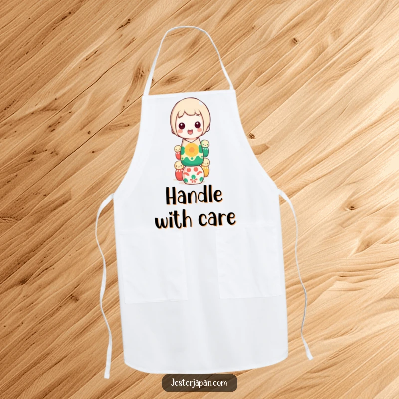Funny kokeshi doll balancing apron, showing a happy character stacking colorful dolls, perfect for cooking and a funny gift.