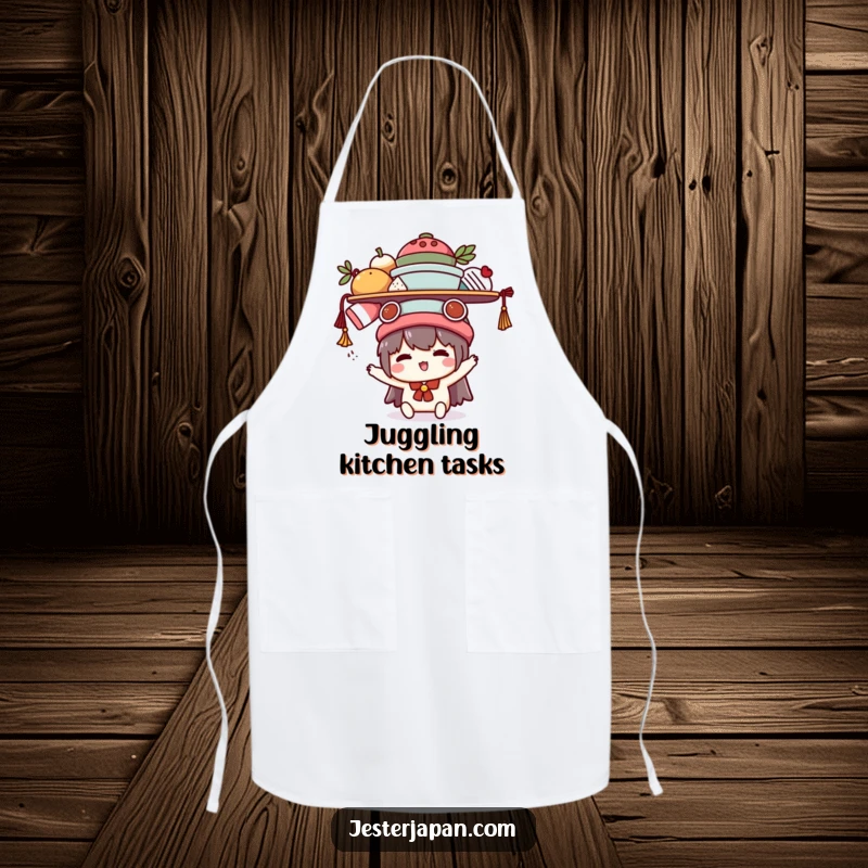 Funny Kawaii apron with a cute character humorously balancing multiple items on its head, adding a touch of playful chaos to cooking.