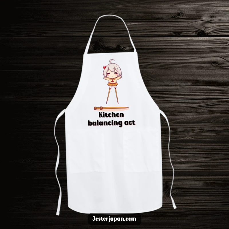 Funny apron with a character balancing skillfully on chopstick stilts, designed for the adventurous cook or foodie.