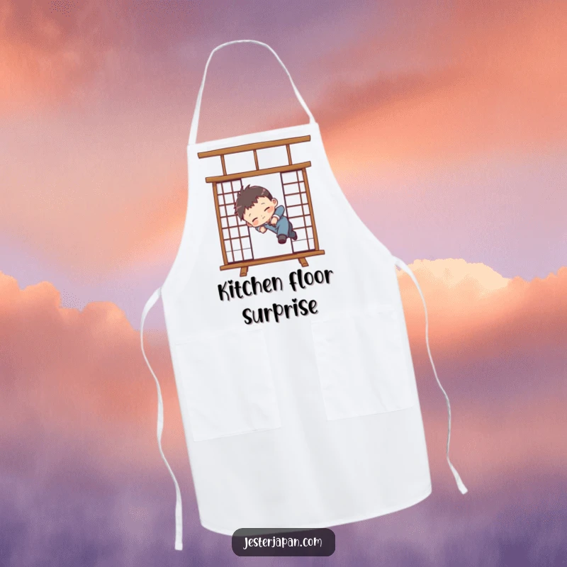 Funny apron design showing a chibi character humorously tripping over a Shoji screen, perfect for a kitchen full of laughs.