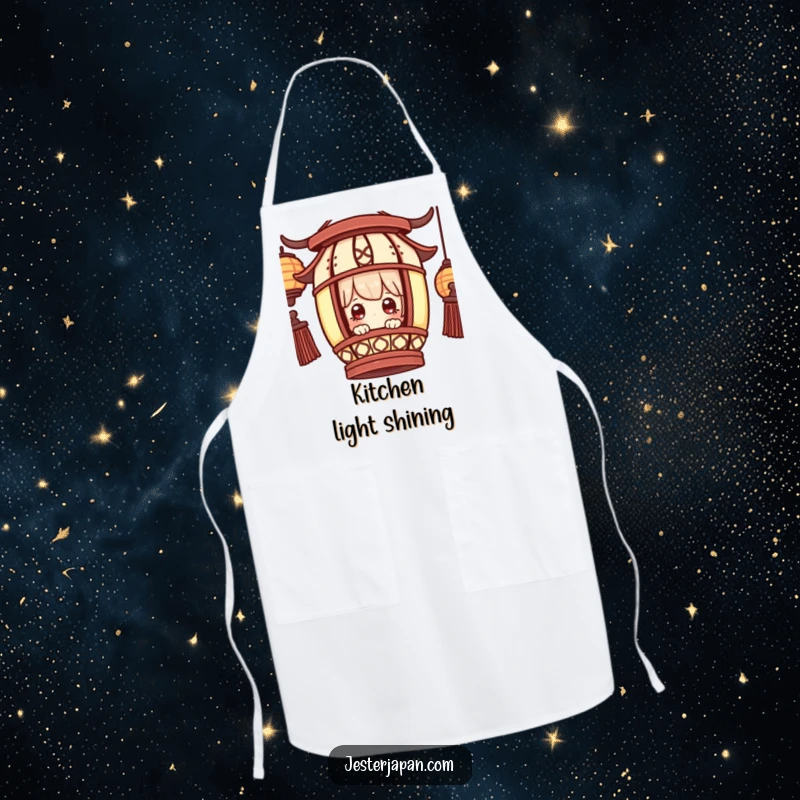 Funny Apron: Little character peeking from a traditional lantern, eyes wide with wonder, perfect for a magical cooking experience.