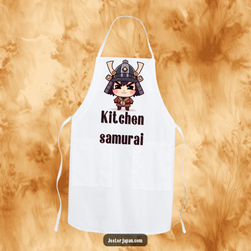 Funny apron adorned with a character smirking confidently under a tiny samurai helmet, perfect for a humorous cooking experience.
