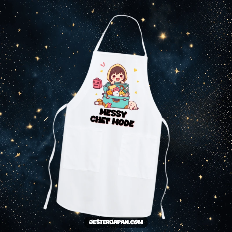 Funny Kawaii character packing apron, with items spilling from a suitcase, ideal for adding travel humor to cooking.