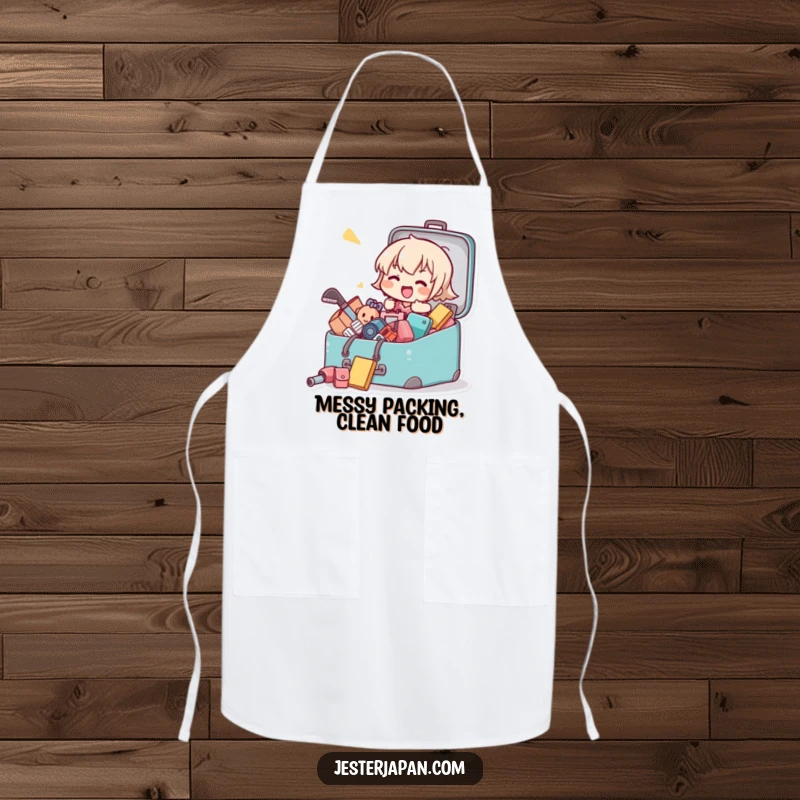 Funny apron showing a Kawaii character humorously packing kitchen items into a suitcase, great for cooking enthusiasts.