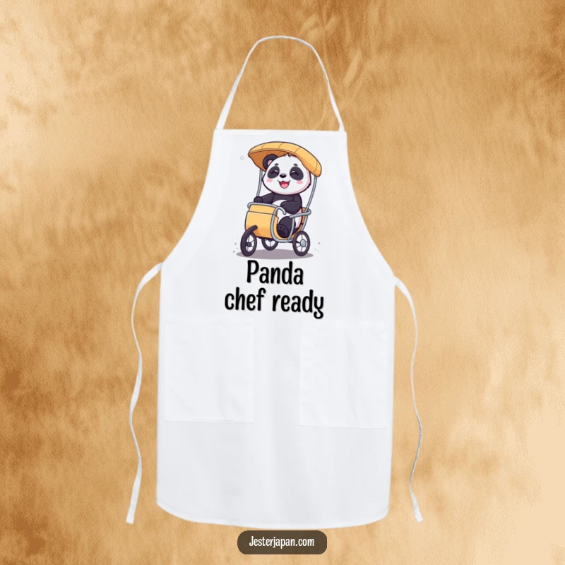 Funny Panda rickshaw apron showcasing a smiling character gleefully riding a miniature rickshaw, ideal for a fun and cheerful cooking experience.
