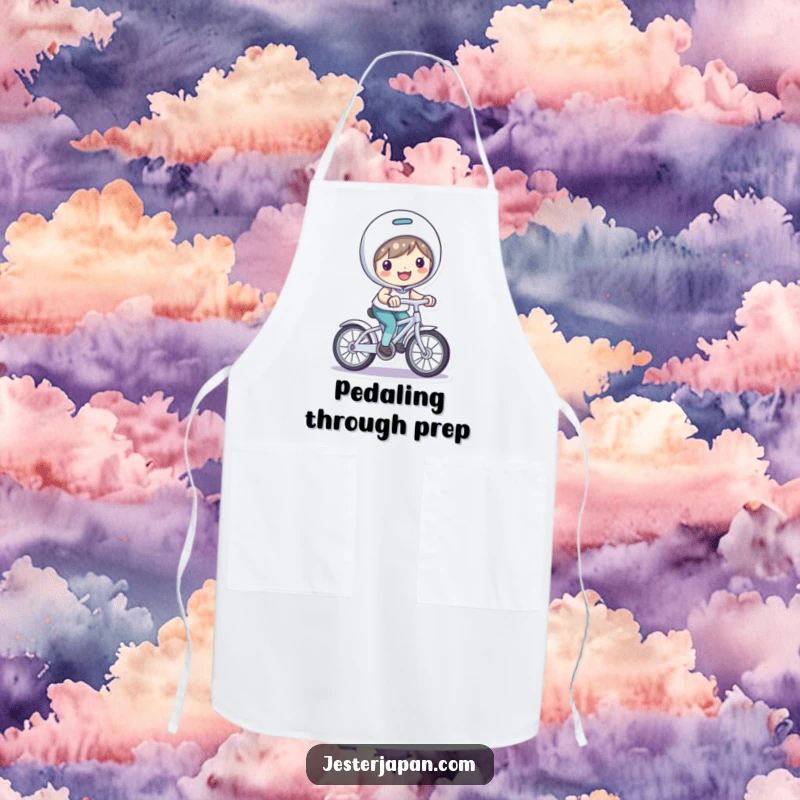 Funny Apron: Character with a bright smile, riding a small, playful bicycle.