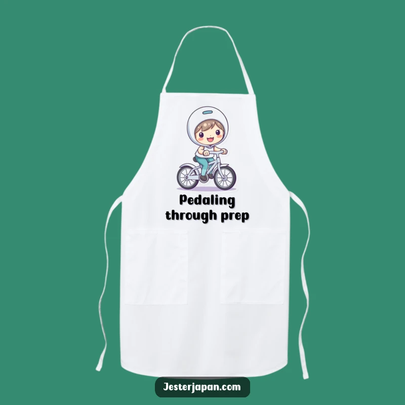 Funny Bicycle Riding Apron: Playful Kitchen Fun with Smiling Character's Design