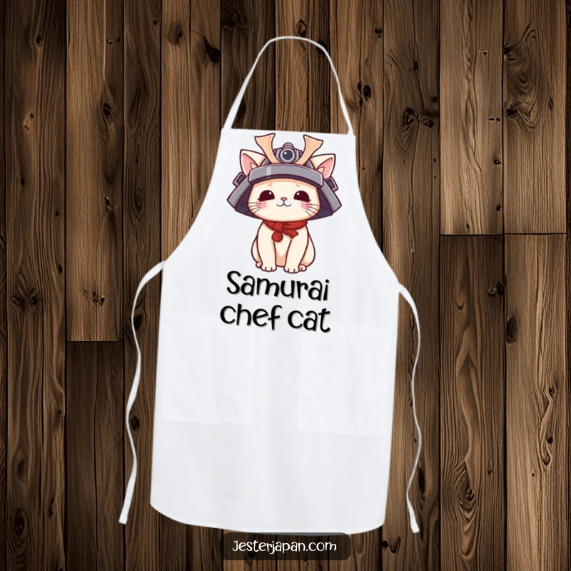 Funny Kawaii cat samurai apron showcasing a cute character wearing a tiny samurai helmet, ideal for a fun and stylish cooking experience.
