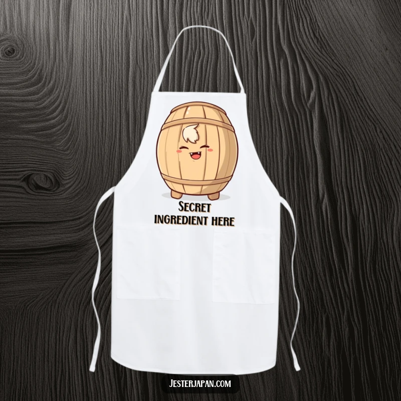 Funny apron with a mischievous character hiding behind a sake barrel, perfect for playful cooking and kitchen fun.