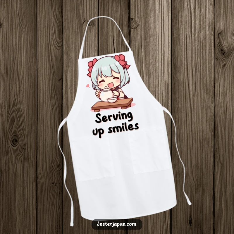 Funny apron design showing a character joyfully performing a tiny tea ceremony with a small teapot, perfect for a kitchen full of gentle humor.