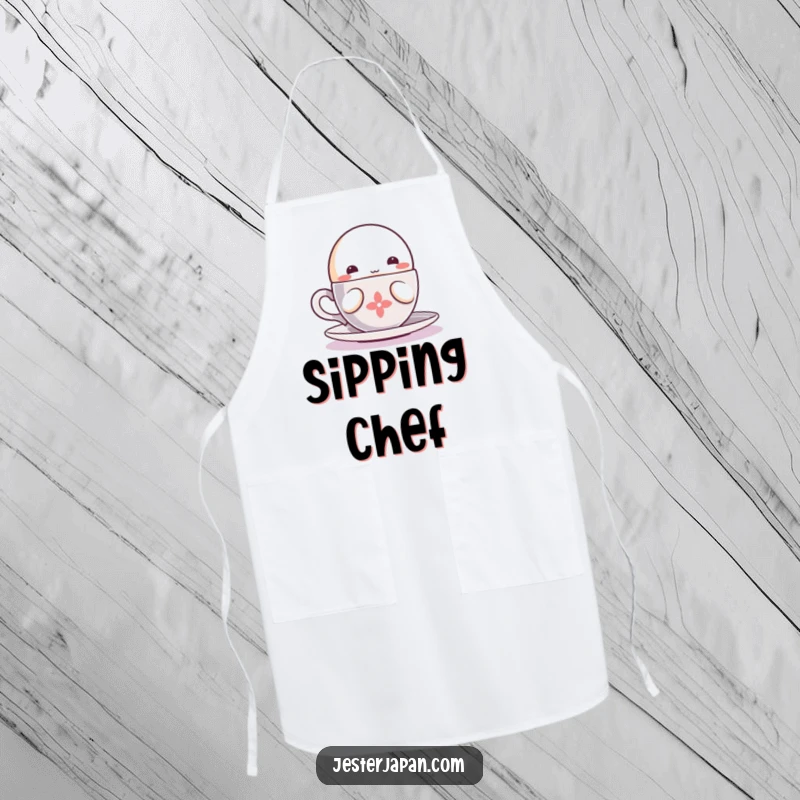Funny Kawaii character sipping apron, perfect for adding cozy charm to kitchen activities with a steaming cup.