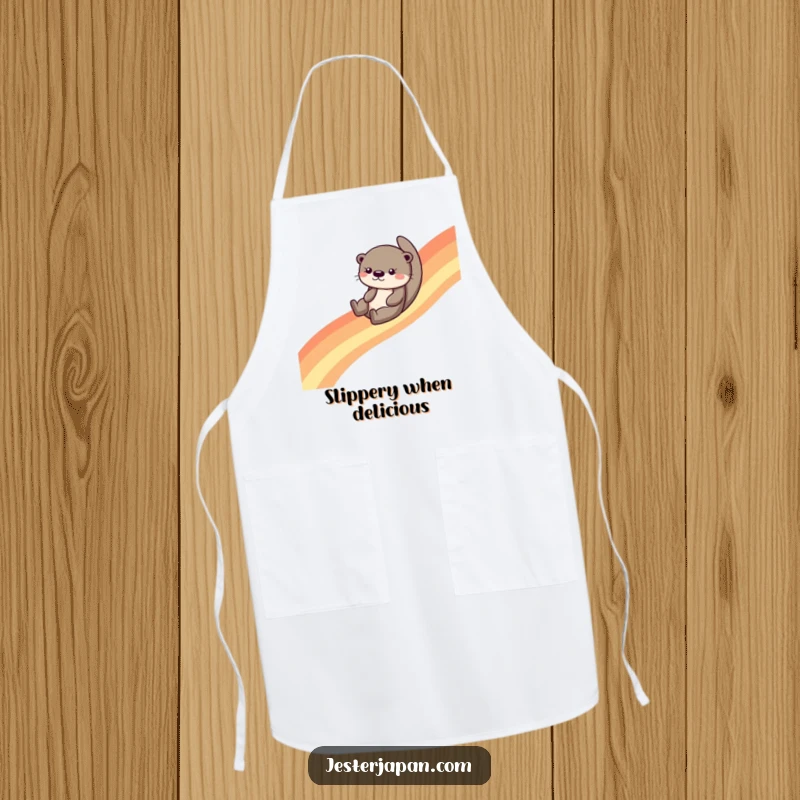 Funny otter character sliding down a colorful rainbow on a kitchen apron, adding a playful touch to cooking or baking.