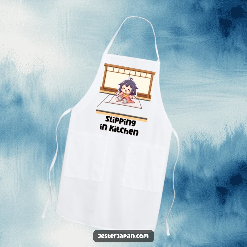Funny apron showing a character playfully sliding on a smooth tatami mat. A humorous kitchen accessory for those who move with grace.