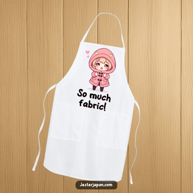 Funny Apron: Character hilariously struggling to wear a dramatically oversized Happi coat while cooking, a funny kitchen companion.