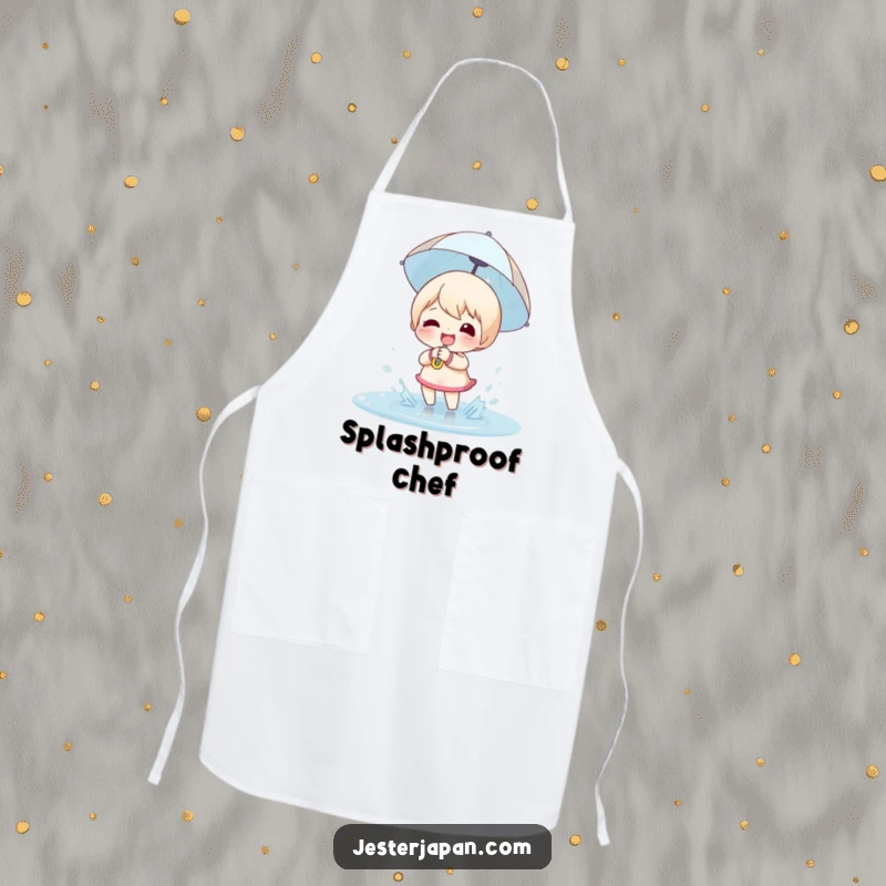 Funny Apron: Happy character holding a small umbrella, joyfully splashing in a puddle.