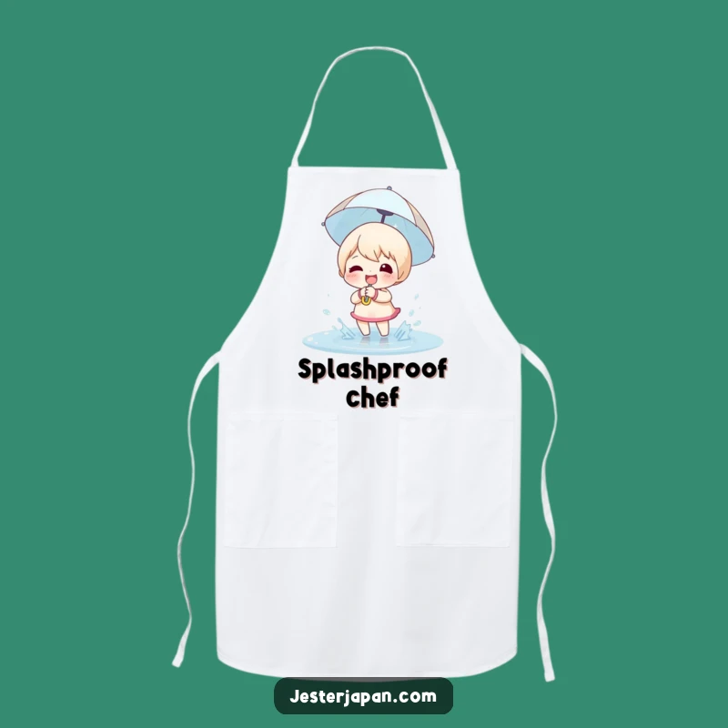 Funny Puddle Splashing Apron: Joyful Kitchen Fun with Character's Umbrella Design