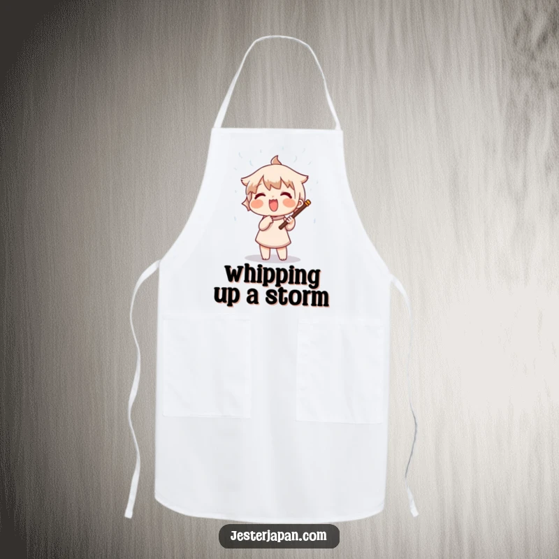 Funny apron showing a character joyfully shaking a rain stick, creating a whimsical shower of beads, adding fun to kitchen tasks.
