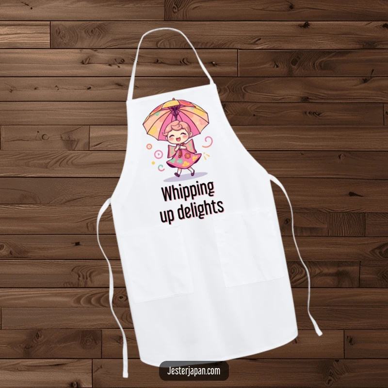 Funny apron depicting a cheerful umbrella character in a dynamic dance surrounded by swirling, colorful patterns, perfect for cooking.