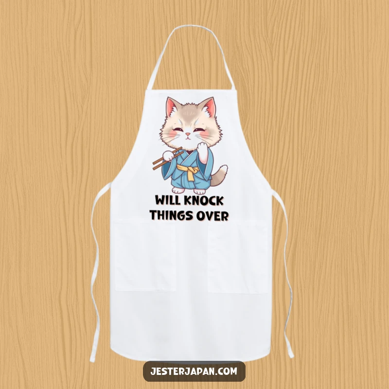 Funny Cat Kimono Apron: A fluffy cat in a blue kimono hilariously fumbles with chopsticks while cooking, making a comical kitchen mess.