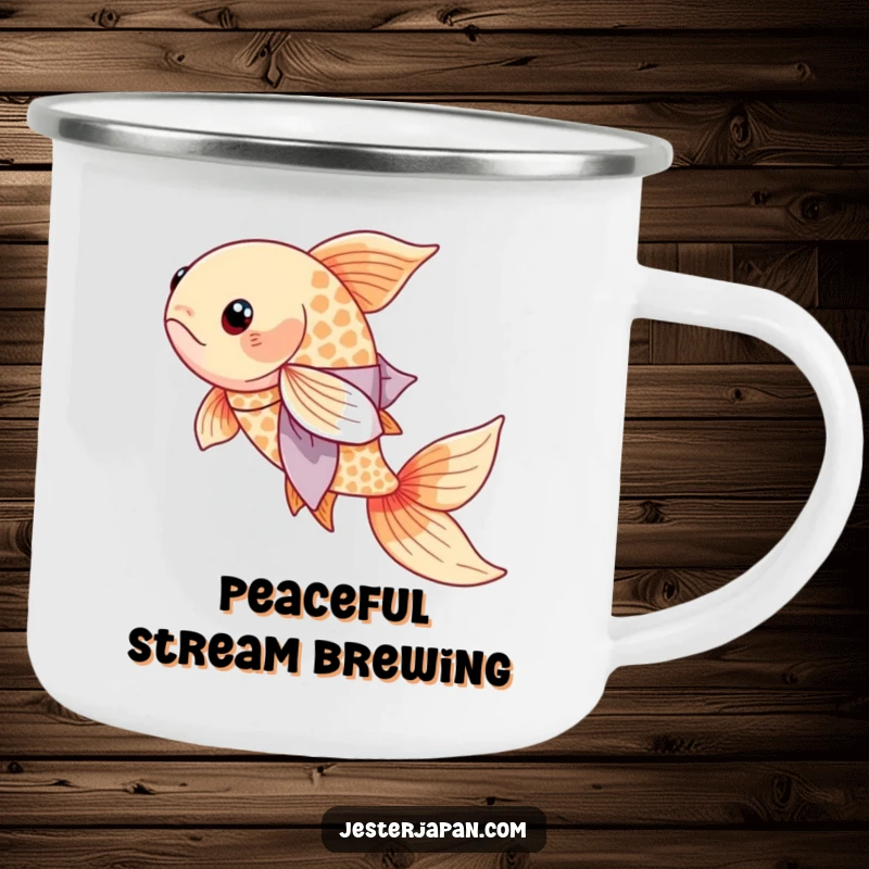 Funny Koi Kimono Camping Mug showcasing a serene koi fish in a flowing kimono, ready for any outdoor escape.