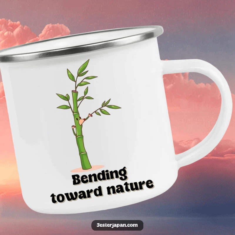Funny Bamboo Camping Mug: Durable mug with a bamboo stalk character bending joyfully in a gentle breeze, great for outdoor charm.