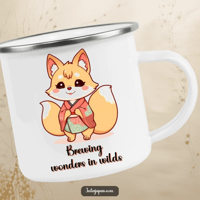 Funny Kitsune Kimono Camping Mug showcasing a happy nine-tailed fox in a kimono, ready for any outdoor adventure with a cheerful grin.