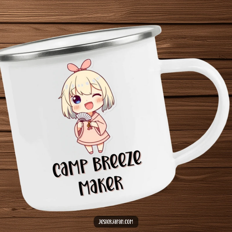 Funny camping mug showing a character enthusiastically waving a small paper fan, perfect for bringing a breezy sense of joy outdoors.