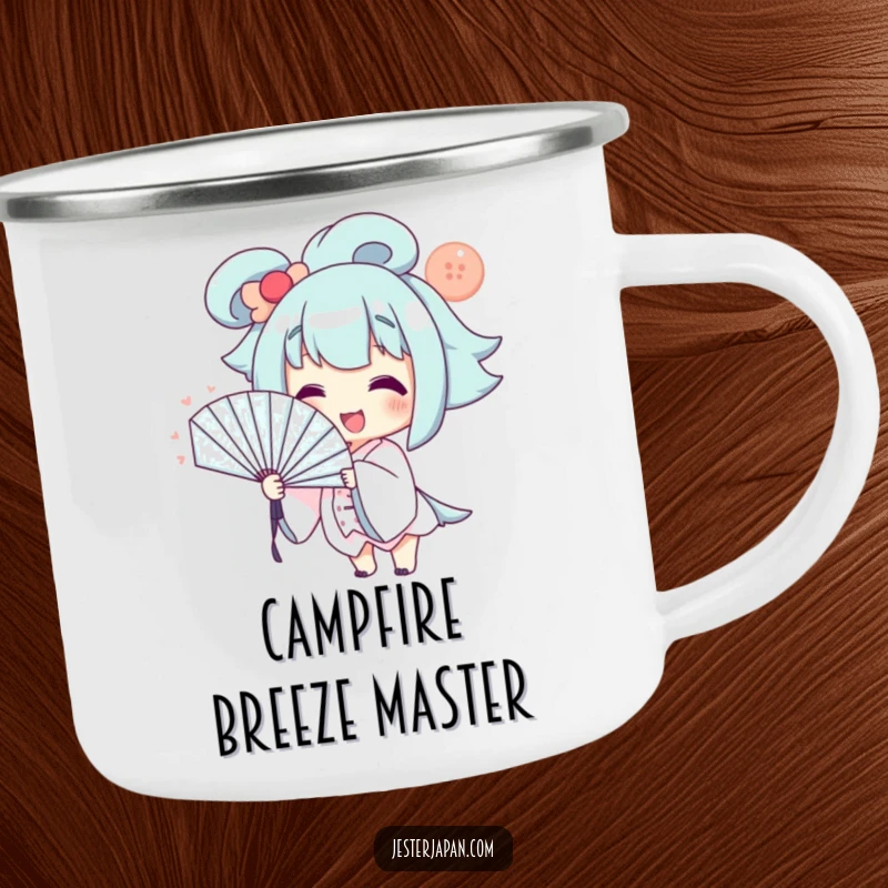 Funny Camping Mug: Smiling character dramatically fanning themselves with a large fan, perfect for outdoor refreshment.
