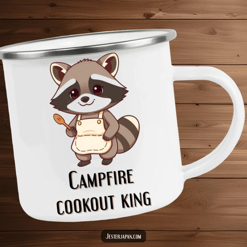 Funny camping mug of a raccoon chef in an apron, perfect for outdoor cooking and adding humor to adventures.