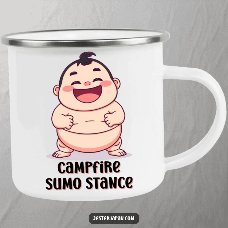 Funny camping mug featuring a grinning character ready for sumo action, perfect for outdoor enthusiasts.