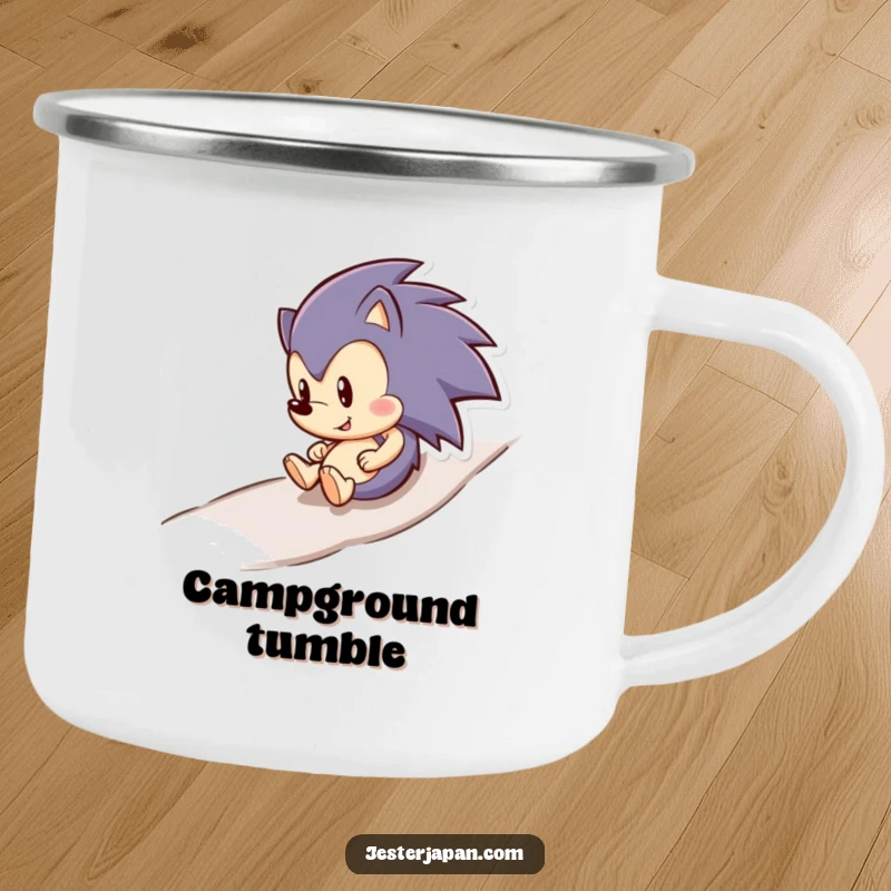 A funny hedgehog with a smile rolls downhill on a durable enamel camping mug, ready for outdoor adventures.