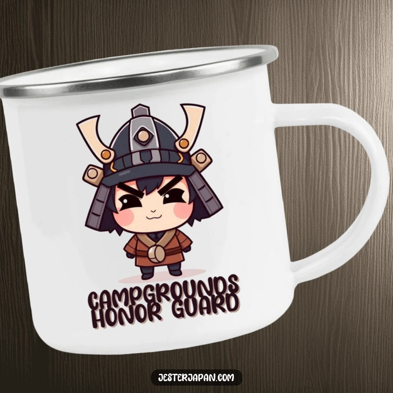 Funny camping mug featuring a character smirking confidently under a tiny samurai helmet, ready for any outdoor mission.