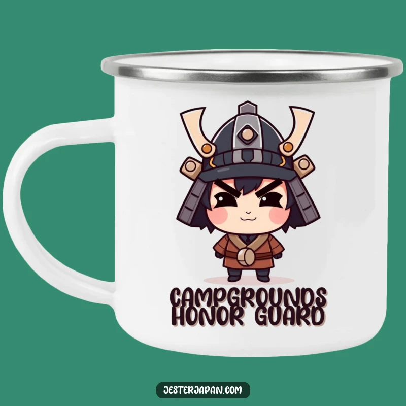 Funny Samurai Helmet Camping Mug: Warrior's Brew, Smirking Character, Outdoor Gift