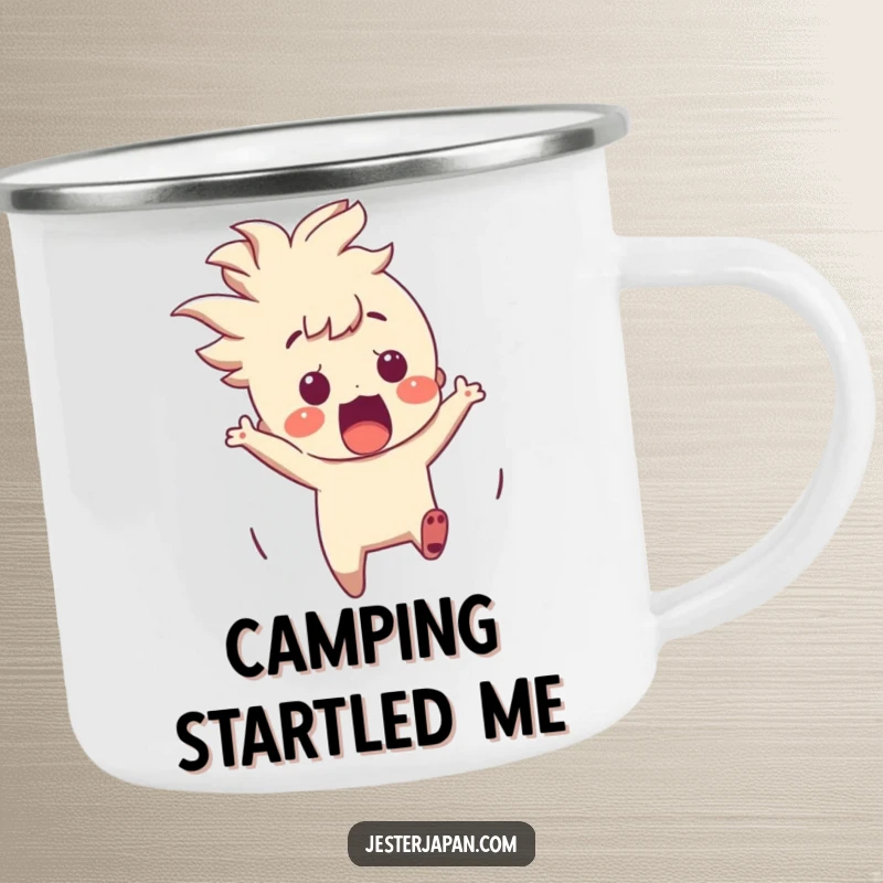 Funny Character Camping Mug: A character startled by an origami crane in an outdoor setting, ready for adventure.