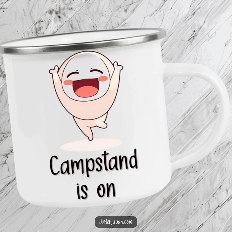Funny camping mug showing a Daruma doll character doing a handstand, perfect for outdoor mindfulness.