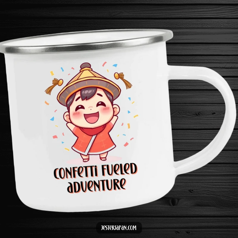 Funny Camping Mug: Small character in a festive hat, joyfully tossing confetti, ready for outdoor fun.