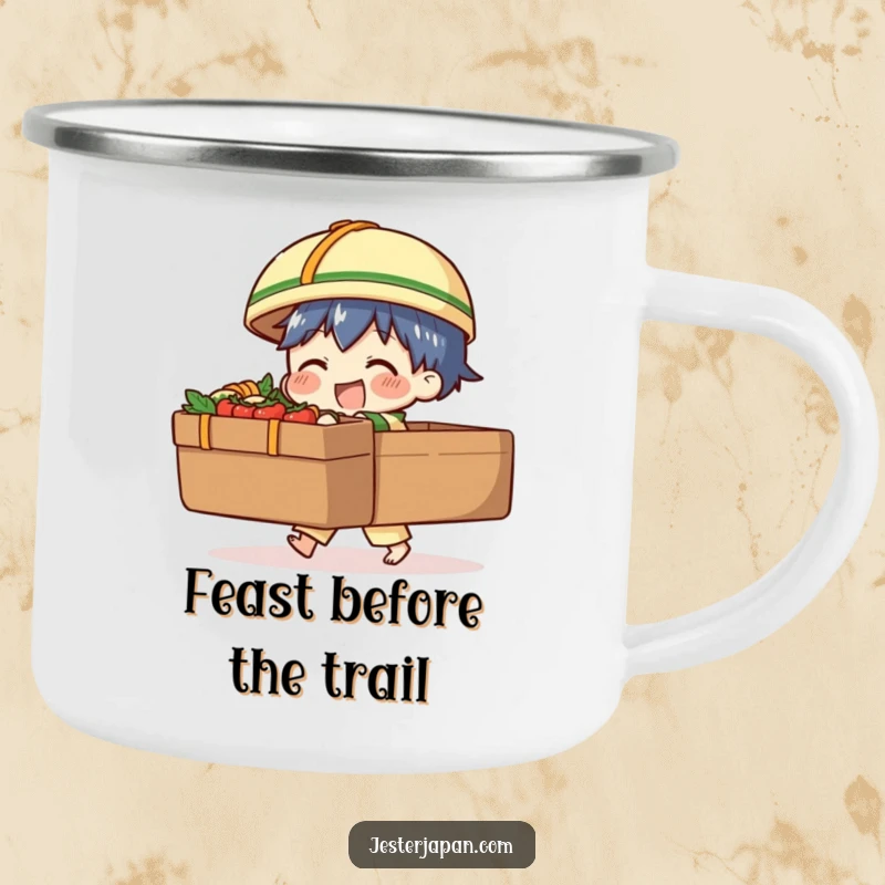 Funny camping mug with a character struggling with a huge bento box, designed for outdoor fun and a dose of portable, humorous foodie spirit.