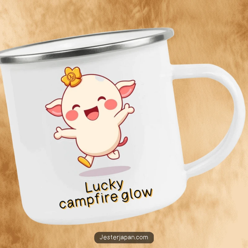 Funny camping mug showcasing a giggling lucky charm character hopping playfully with a wide smile, perfect for outdoor luck.