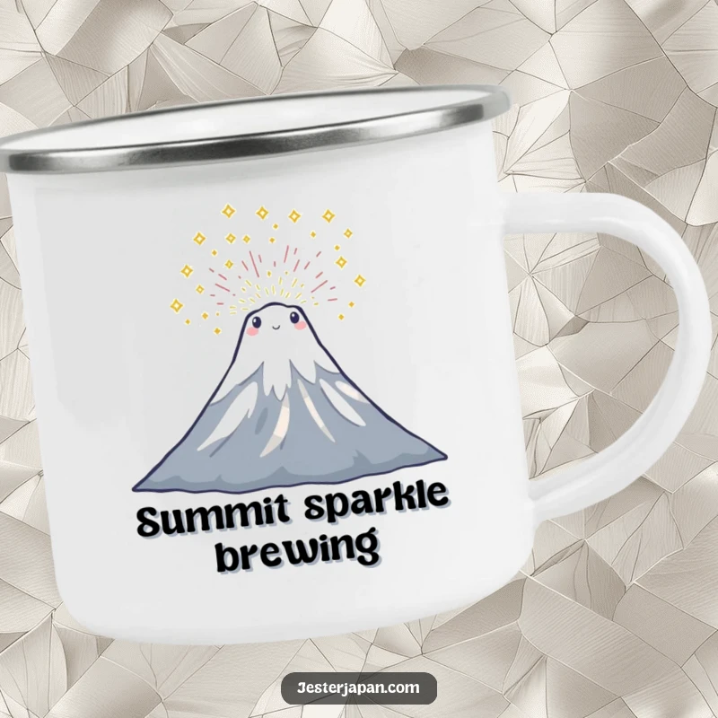Funny camping mug featuring a tiny Mount Fuji character erupting with sparkling joy, perfect for outdoor enthusiasts.