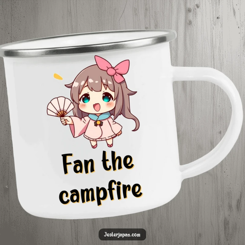 Funny camping mug with a character cheerfully fanning with a small hand fan, bringing a cool and humorous vibe to outdoor trips.