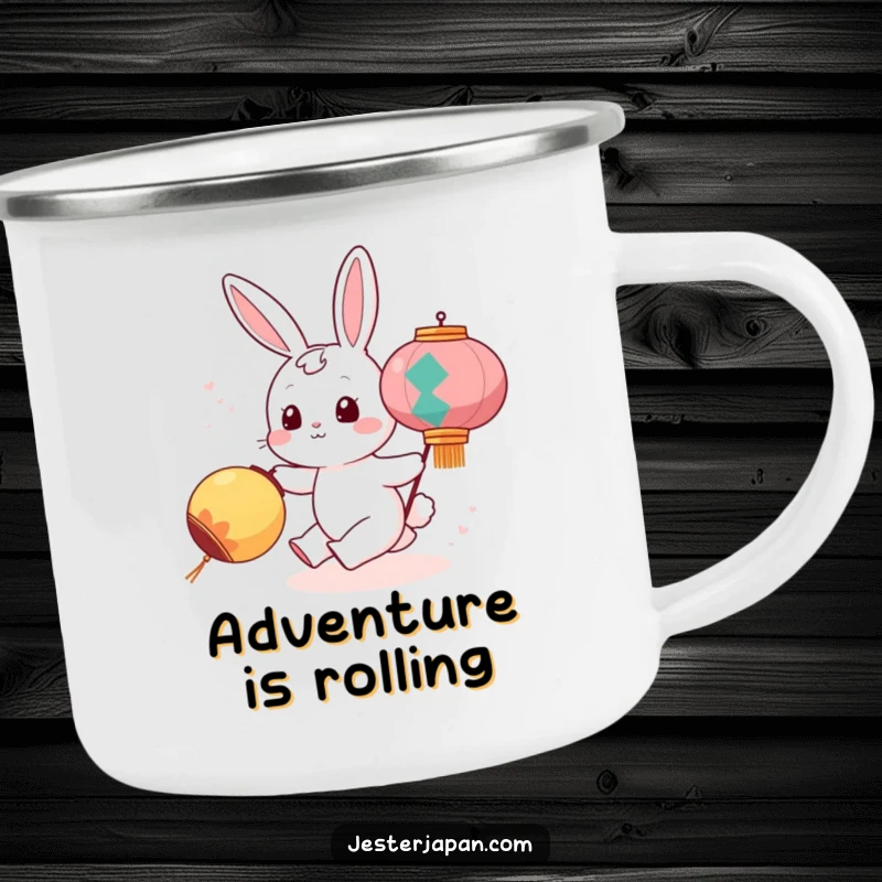 Funny camping mug showing a cute bunny character energetically chasing a rolling festival lantern, perfect for outdoor enthusiasts who love humor.