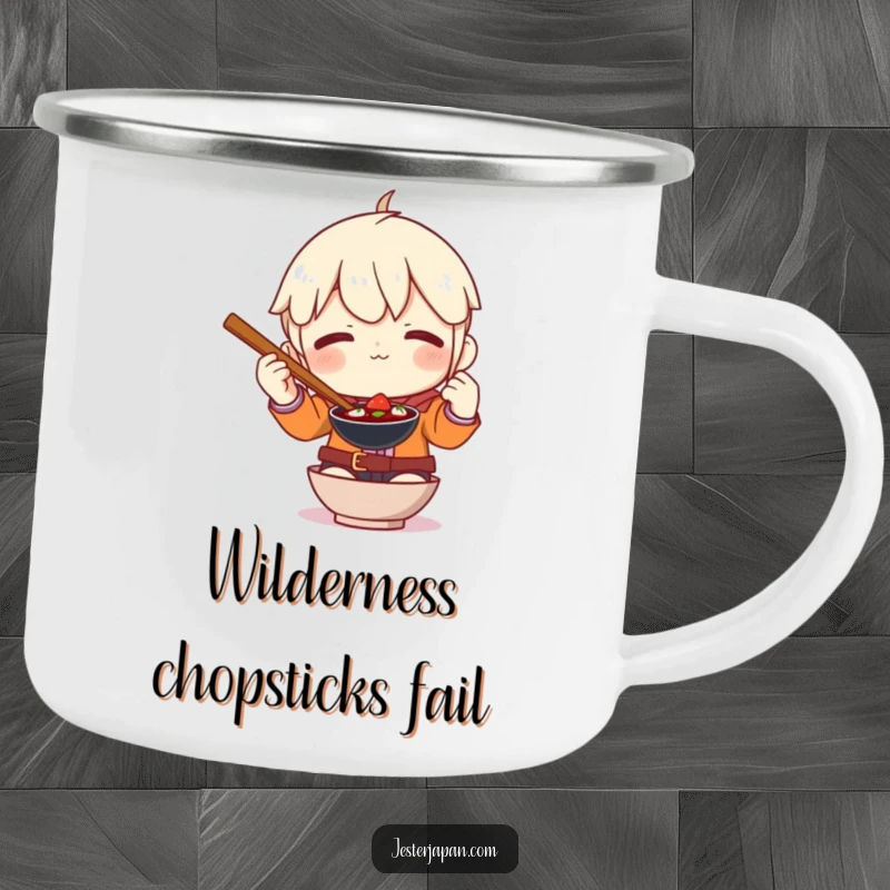 Funny camping mug with a character comically struggling with oversized chopsticks, designed for outdoor enthusiasts.