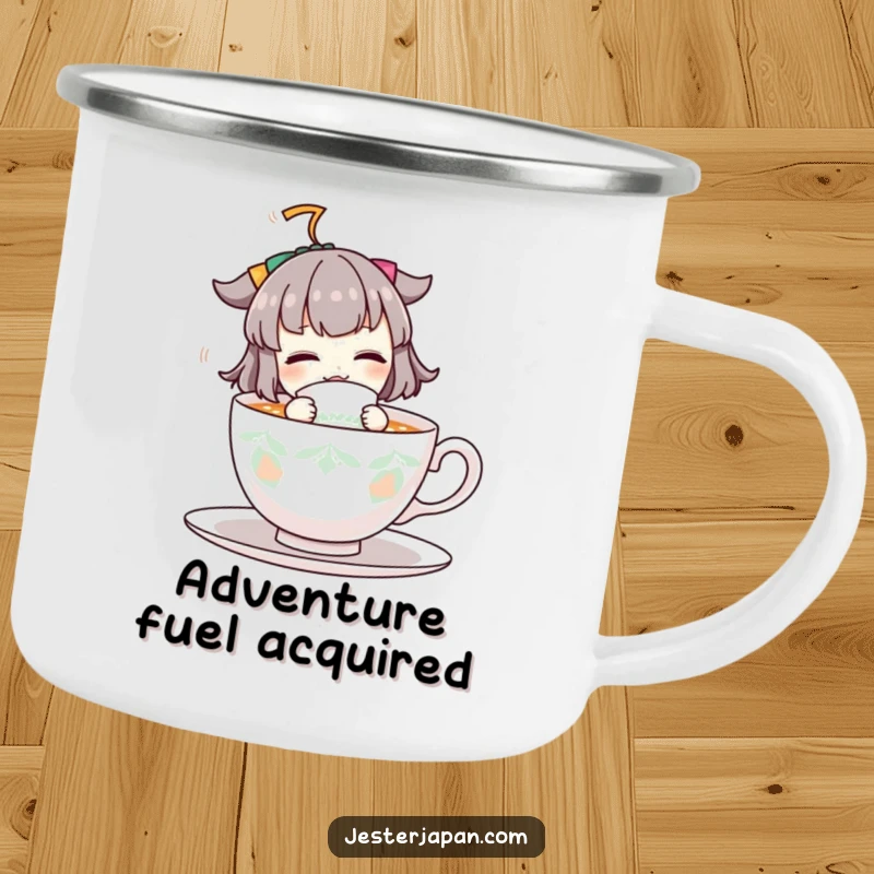 Funny enamel camping mug with a cheerful character energetically sipping from a big teacup, ideal for outdoor enthusiasts and tea lovers.