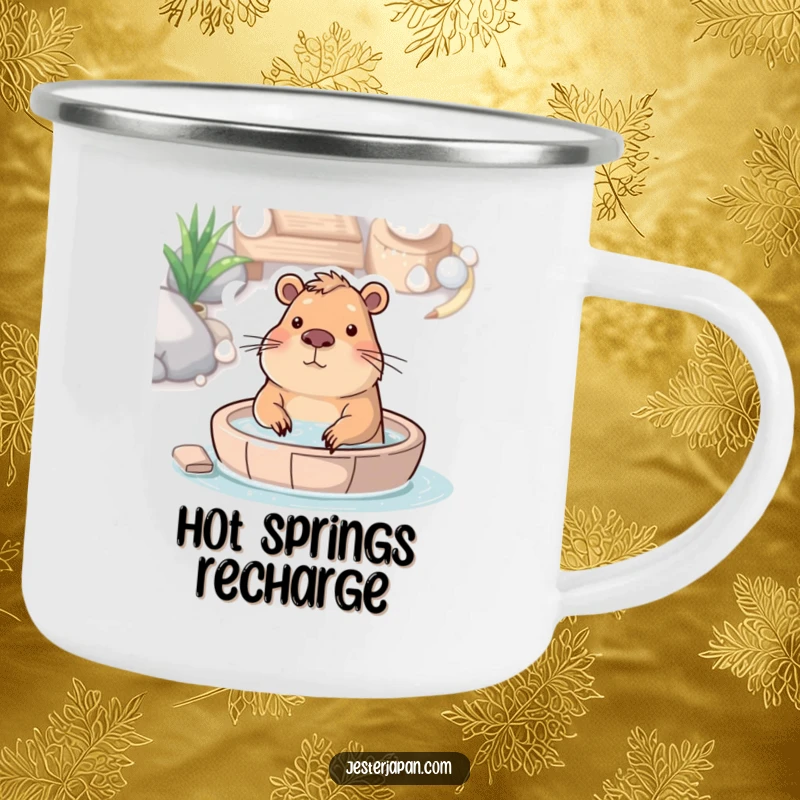 Funny camping mug of a capybara soaking in a hot spring, perfect for relaxed outdoor sipping and zen moments.