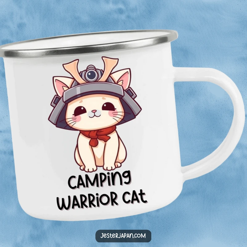 Funny Kawaii cat samurai camping mug featuring a cute character wearing a miniature samurai helmet, built for durable and playful outdoor use.