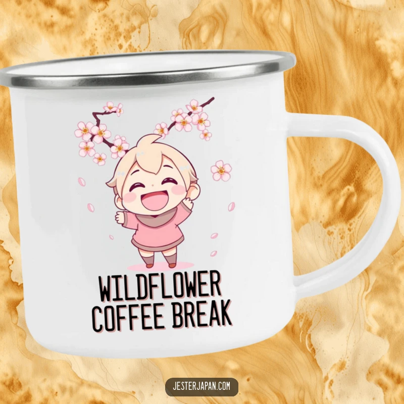 Funny enamel camping mug with a character grinning widely, attempting to catch falling cherry blossoms, perfect for spring outdoor moments.